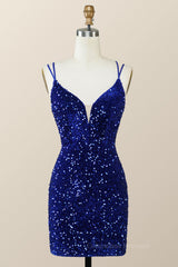 Evening Dress Designs, Royal Blue Sequin Tight Mini Dress with Double Straps