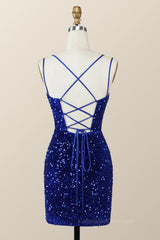 Evening Dress Designer, Royal Blue Sequin Tight Mini Dress with Double Straps