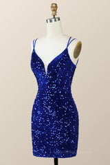 Evening Dresses 2063, Royal Blue Sequin Tight Mini Dress with Double Straps