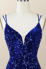 Evening Dress Princess, Royal Blue Sequin Tight Mini Dress with Double Straps