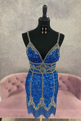 Royal Blue Sequined Homecoming Dress With Fringes
