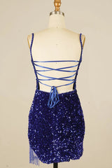 Royal Blue Sequined Tight Homecoming Dress with Fringes