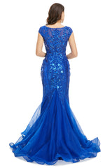 Quinceanera Dress, Royal Blue Sequined Tulle Mermaid Cap Sleeve Scoop Neck Formal Gowns