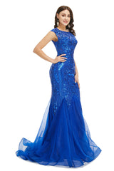 White Dress, Royal Blue Sequined Tulle Mermaid Cap Sleeve Scoop Neck Formal Gowns