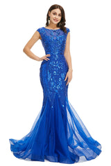 Wedding Shoes, Royal Blue Sequined Tulle Mermaid Cap Sleeve Scoop Neck Formal Gowns