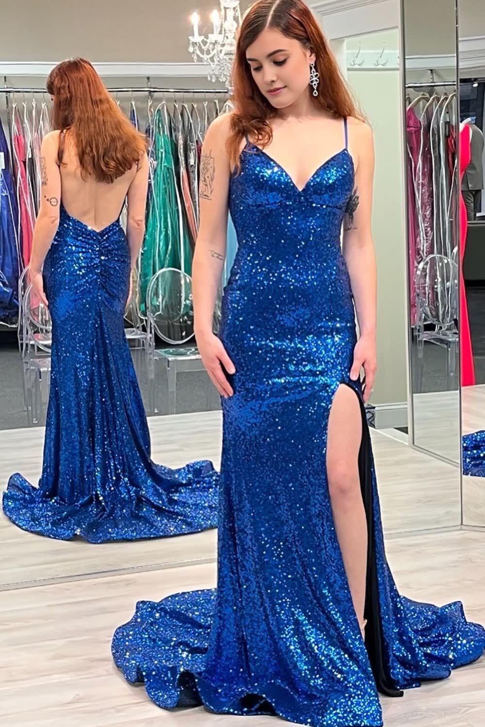 Royal Blue Sequins Backless Mermaid Prom Dress with Slit