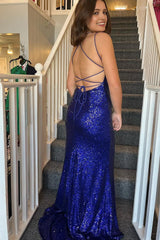 Royal Blue Sequins Spaghetti Straps Prom Dress with Slit