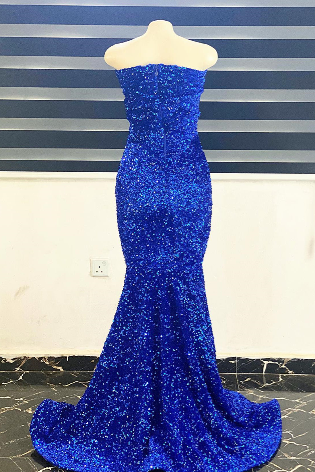 Evening Dress With Sleeves, Royal Blue Sequins Strapless Mermaid Long Prom Dress
