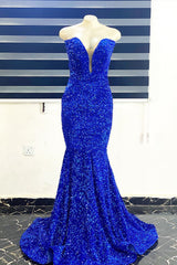 Evening Dress With Sleeve, Royal Blue Sequins Strapless Mermaid Long Prom Dress