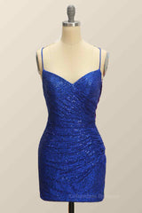 Night Out Outfit, Royal Blue Sheath Lace-Up Back Pleated Sequins Mini Homecoming Dress