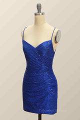 Party Dress Man, Royal Blue Sheath Lace-Up Back Pleated Sequins Mini Homecoming Dress
