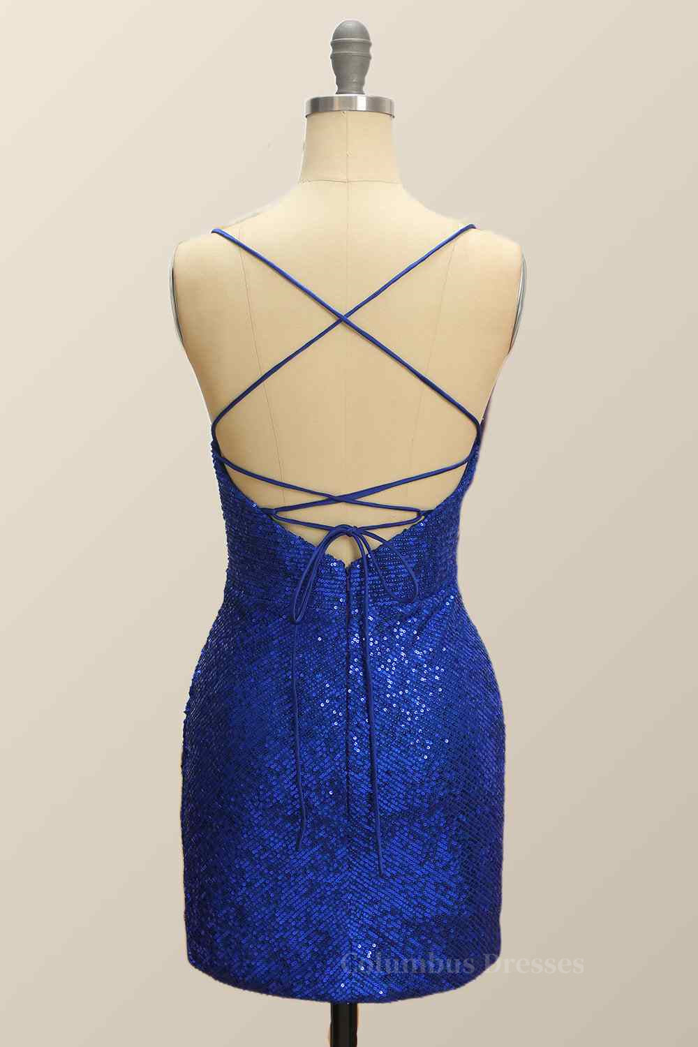 Party Dress Boots, Royal Blue Sheath Lace-Up Back Pleated Sequins Mini Homecoming Dress