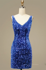 Simple Dress, Royal Blue Sheath V Neck Straps Back Sequins Mini Homecoming Dress