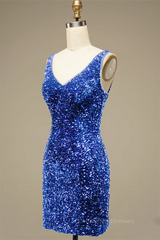 White Prom Dress, Royal Blue Sheath V Neck Straps Back Sequins Mini Homecoming Dress
