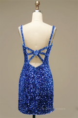 Party Dress Long Sleeve Mini, Royal Blue Sheath V Neck Straps Back Sequins Mini Homecoming Dress