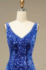Glam Dress, Royal Blue Sheath V Neck Straps Back Sequins Mini Homecoming Dress