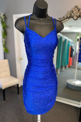 Prom Dress Modest, Royal Blue Spaghetti Strap Short Hoco Dress Tight