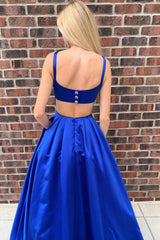 Royal Blue Spaghetti Straps Long Prom Dress with Pockets