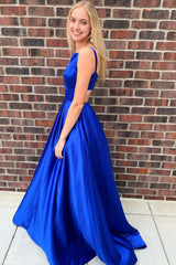 Royal Blue Spaghetti Straps Long Prom Dress with Pockets