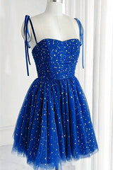 Bridesmaid Dress Long, Royal Blue Sparkle Tulle Sweetheart Short Formal Dress, Blue Short Homecoming Dress