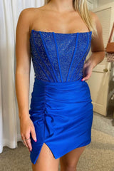 Royal Blue Strapless Beaded Tight Homecoming Dress