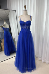 Wedding Color Palette, Royal Blue Straps Appliques A-line Tulle Long Prom Dress