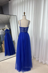 Bridesmaid Dresses Velvet, Royal Blue Straps Appliques A-line Tulle Long Prom Dress