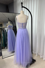 Prom Gown, Royal Blue Straps Appliques A-line Tulle Long Prom Dress