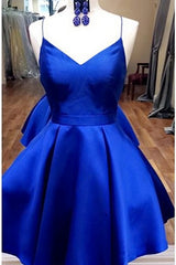 Homecoming Dress Sparkles, Royal Blue Straps Short Homecoming Dress with Ribbon,Graduation Dresses