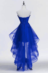 Bridesmaids Dress Short, Royal Blue Tulle with Lace Applique High Low Party Dress, Blue Homecoming Dress