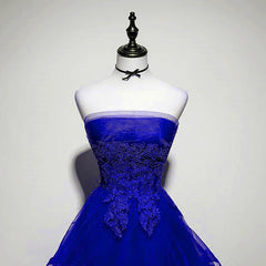 Bridesmaid Dress With Sleeve, Royal Blue Tulle with Lace Applique High Low Party Dress, Blue Homecoming Dress