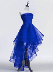 Bridesmaides Dresses Short, Royal Blue Tulle with Lace Applique High Low Party Dress, Blue Homecoming Dress