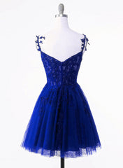 Prom Dress With Sleeve, Royal Blue Tulle with Lace Applique Short Formal Dress, Royal Blue Homecoming Dress