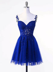 Prom Dress With Sleeves, Royal Blue Tulle with Lace Applique Short Formal Dress, Royal Blue Homecoming Dress