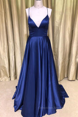 Party Dress Style Shop, Royal Blue V Neck Backless Satin Long Prom Dresses, Royal Blue Formal Dresses, Backless Royal Blue Evening Dresses
