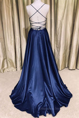 Party Dress In Store, Royal Blue V Neck Backless Satin Long Prom Dresses, Royal Blue Formal Dresses, Backless Royal Blue Evening Dresses