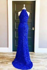 Homecoming Dress Shops Near Me, Sequins High Neck Royal Blue Long Party Dress with Slit