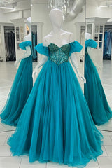 Prom Dress Aesthetic, Blue Off-the-Shoulder Beaded A-line Tulle Long Prom Dress