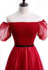 Black Long Dress, Red Tulle Long Prom Dresses, A-Line Off the Shoulder Evening Dresses