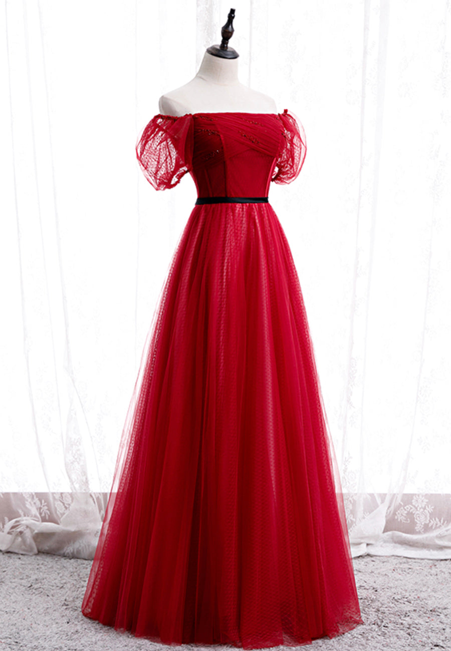 Satin Bridesmaid Dress, Red Tulle Long Prom Dresses, A-Line Off the Shoulder Evening Dresses