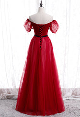Wedding Party Dress, Red Tulle Long Prom Dresses, A-Line Off the Shoulder Evening Dresses
