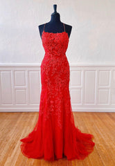 Evening Dresses Vintage, Red Lace Long Prom Dresses, Mermaid Evening Dresses