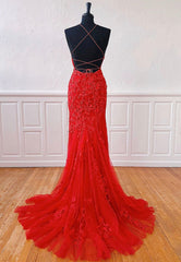 Evening Dress Fitted, Red Lace Long Prom Dresses, Mermaid Evening Dresses