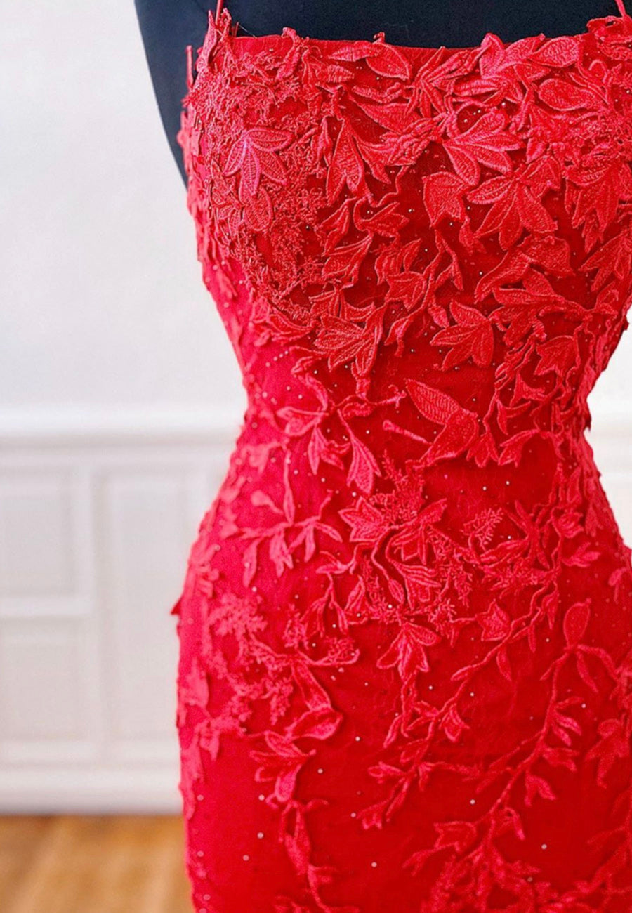 Evening Dresses Fitted, Red Lace Long Prom Dresses, Mermaid Evening Dresses