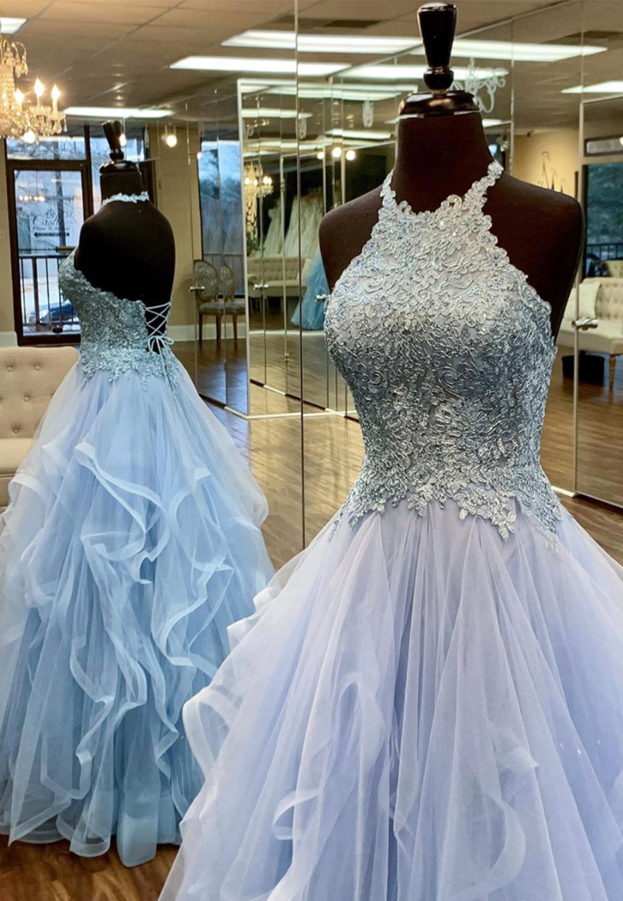 Formal Dress Classy Elegant, Blue Tulle Long A-Line Prom Dresses, Lace Evening Dresses