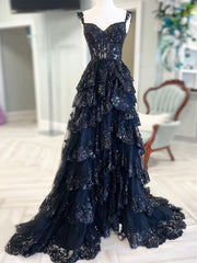 Prom Dress Simple, A-Line Sweetheart Neck Tulle Sequin Black Long Prom Dress, Sequin Black Long Formal Evening Dress