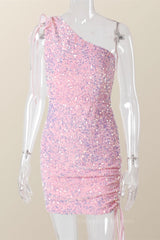 Long Sleeve Wedding Dress, Ruched One Shoulder and Hem Pink Sequin Mini Dress