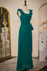 Evening Dress Boutique, Ruffled Crew Neck Emerald Chiffon Midi Bridesmaid Dress