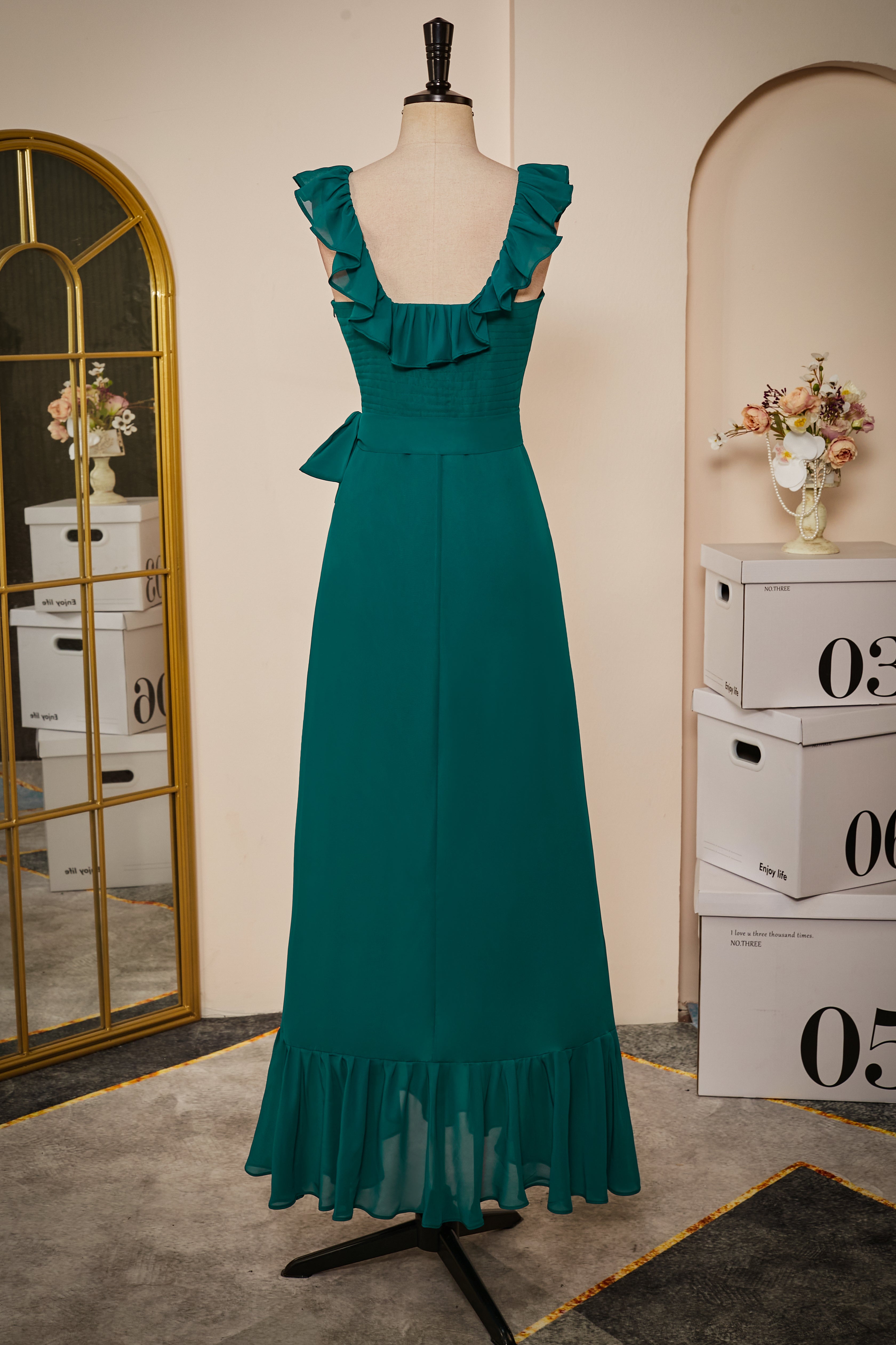Evenning Dresses Long, Ruffled Crew Neck Emerald Chiffon Midi Bridesmaid Dress