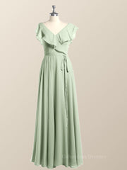 Prom Dress Floral, Ruffles V Neck Sage Green Chiffon Long Bridesmaid Dress